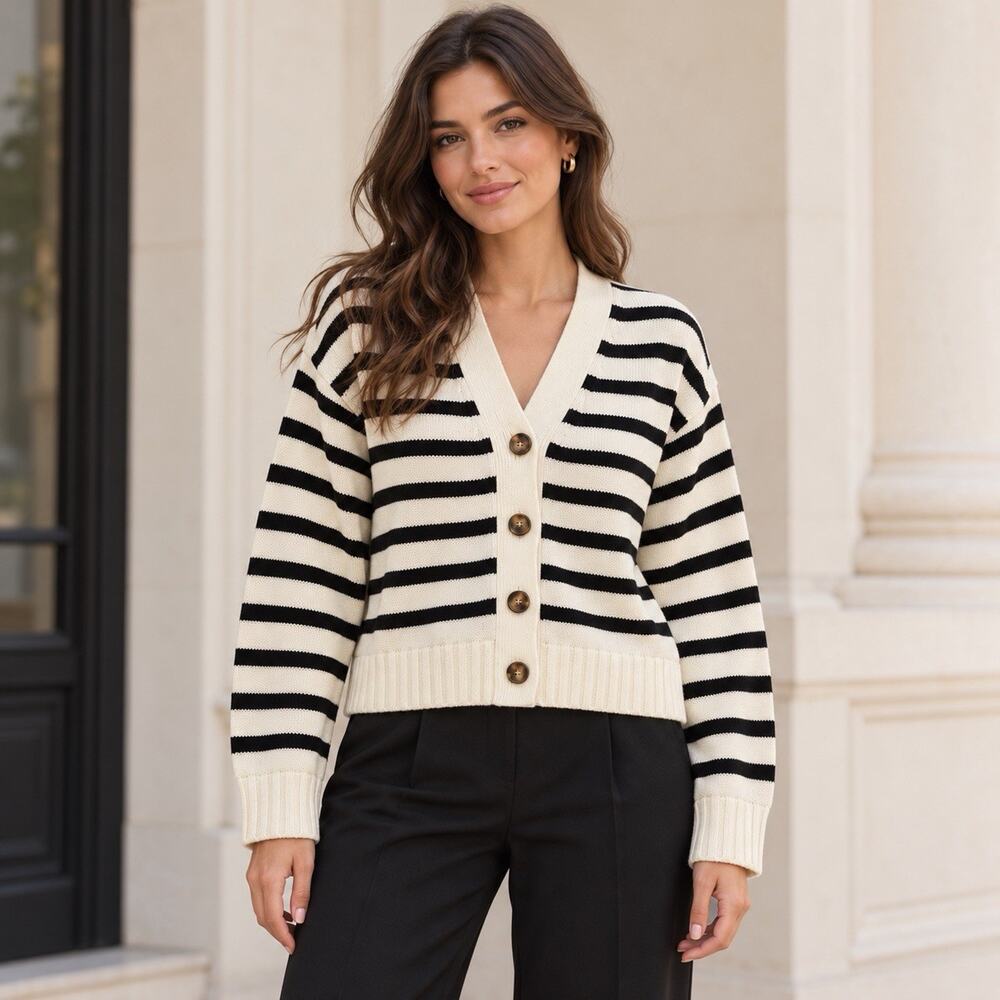 Petal + Pup Cardigan Womens Small Cream Black Stripe V Neck Cropped Coastal